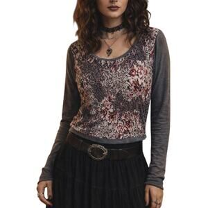 Y2K Womens Whimsigoth Dark Floral Ribbed Blouse Medium Gray Indie Grunge Goth